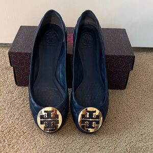 Tory Burch Dark Blue Quilted Flats with Gold Emblem